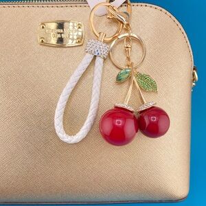 🍒Designer-Inspired Rhinestone Embellished Cherries Keychain/Bag Charm + Key Ring